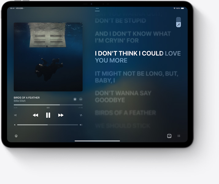 iPad 屏幕上显示 Billie Eilish 的 Birds of a feather 的歌词，高亮显示的句子代表正在演唱的部分。