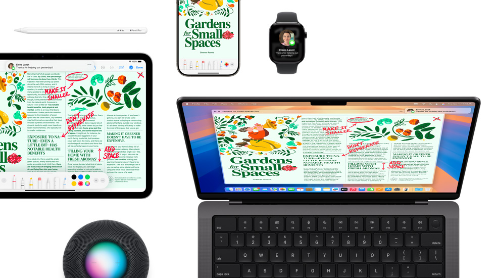 一套设备，包括了 iPad、iPhone、Apple Watch 和 Mac，全都显示着相同的内容。