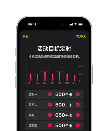 iPhone 16 的正面视图，用户界面显示活动目标定时。