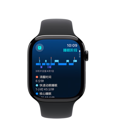 Apple Watch Series 10 搭配黑色运动型表带的正面视图，用户界面显示睡眠 app 中的睡眠阶段、分析数据和睡眠时间。