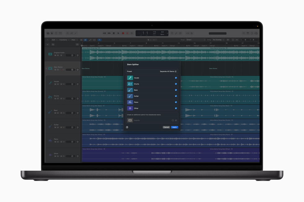Mac 版 Logic Pro 显示着新的大分轨拆分器选项。