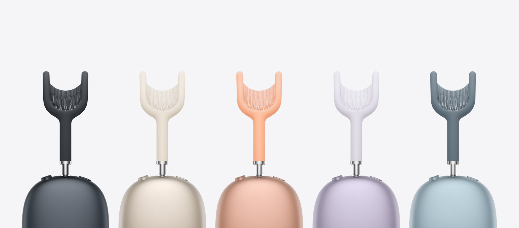 侧视图展示 AirPods Max，颜色分别为午夜色、星光色、橙色、紫色和蓝色。