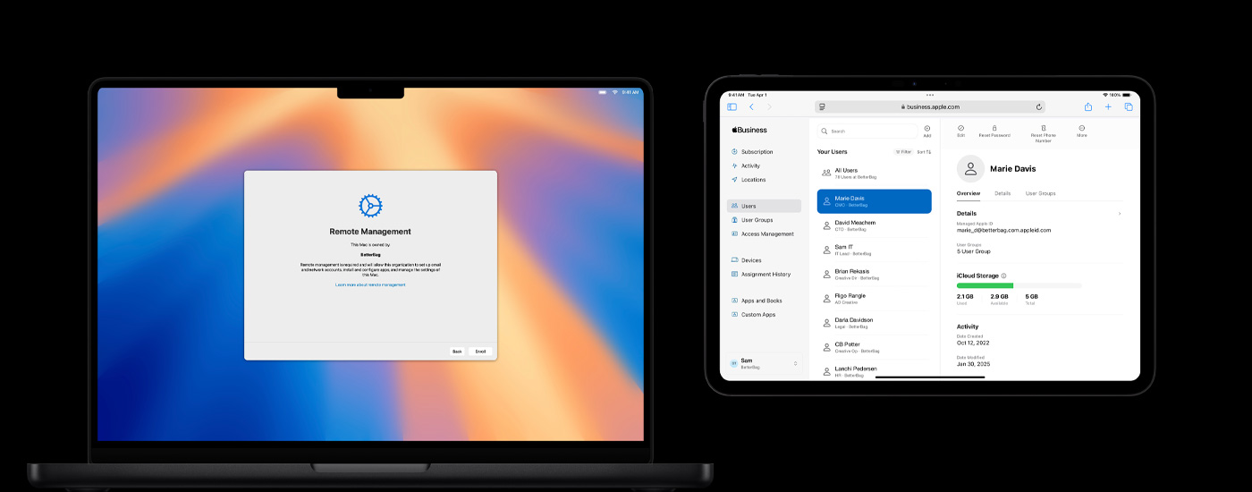 一台 Mac、一部 iPhone 和一部 iPad 分别显示资源管理屏幕。