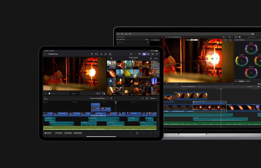 iPad Pro 和 Mac 并排摆放，展示同一段玻璃吹制工艺的素材。iPad Pro 上 iPad 版 Final Cut Pro 中的影片，与旁边的也正在使用 Final Cut Pro 的 MacBook Pro 上的是同一部影片。