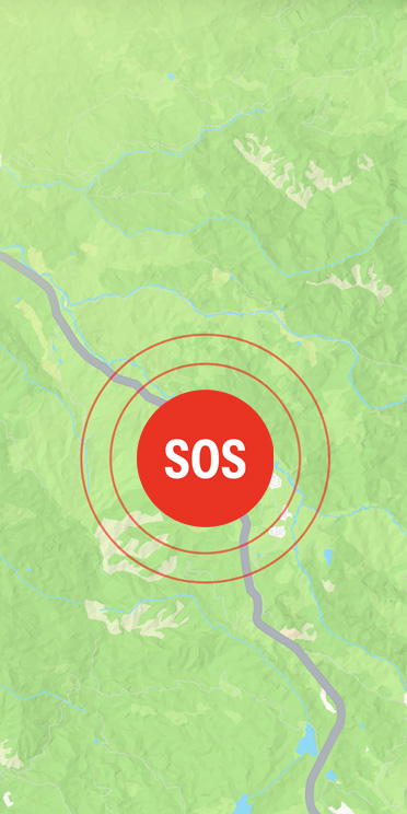 Apple 地图的一条道路上方显示 SOS 紧急联络信号。