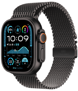 Apple Watch Ultra 2 表款，黑色钛金属表壳搭配黑色钛金属米兰尼斯表带。